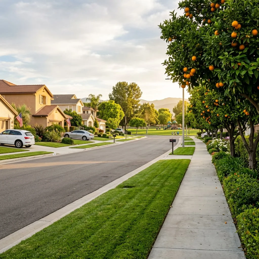 Irrigated lawn or citrus tree landscaping typical of Orangecrest yards